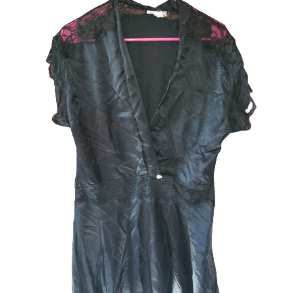 Vtg Lily Of France Short Black Satin Lace Nightgown Union Label Drop Waist Med
